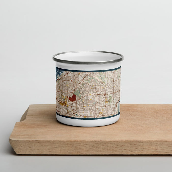 Front View Custom Cleveland Heights Ohio Map Enamel Mug in Woodblock on Cutting Board