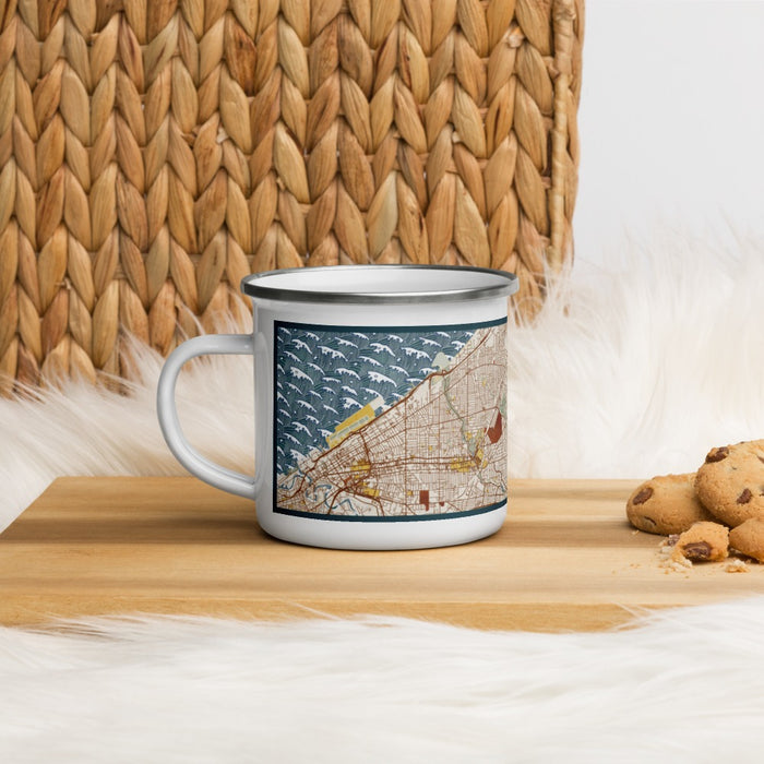 Left View Custom Cleveland Heights Ohio Map Enamel Mug in Woodblock on Table Top