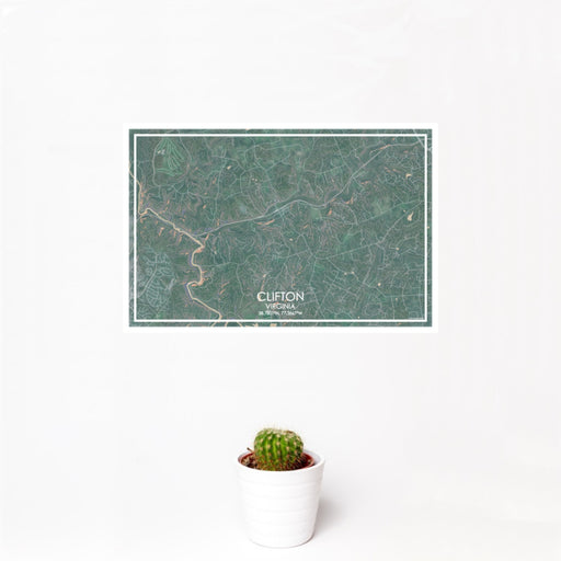 12x18 Clifton Virginia Map Print Landscape Orientation in Afternoon Style With Small Cactus Plant in White Planter