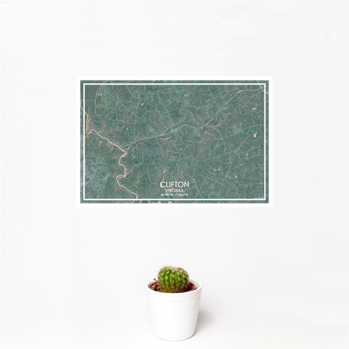 12x18 Clifton Virginia Map Print Landscape Orientation in Afternoon Style With Small Cactus Plant in White Planter