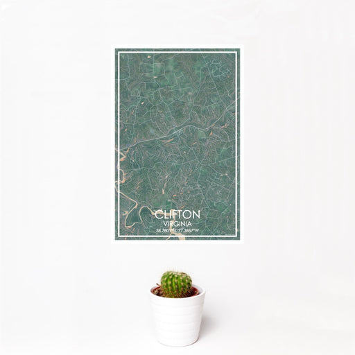 12x18 Clifton Virginia Map Print Portrait Orientation in Afternoon Style With Small Cactus Plant in White Planter