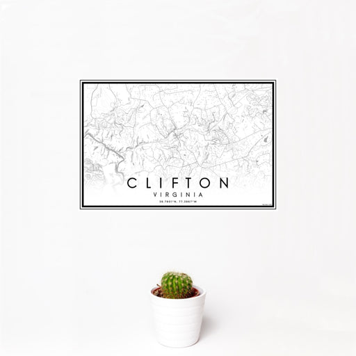 12x18 Clifton Virginia Map Print Landscape Orientation in Classic Style With Small Cactus Plant in White Planter