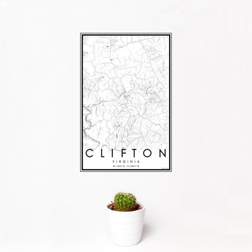 12x18 Clifton Virginia Map Print Portrait Orientation in Classic Style With Small Cactus Plant in White Planter
