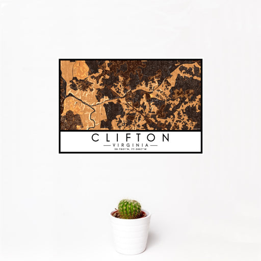 12x18 Clifton Virginia Map Print Landscape Orientation in Ember Style With Small Cactus Plant in White Planter