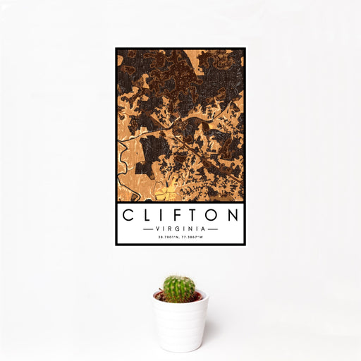 12x18 Clifton Virginia Map Print Portrait Orientation in Ember Style With Small Cactus Plant in White Planter