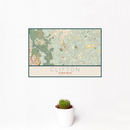 12x18 Clifton Virginia Map Print Landscape Orientation in Woodblock Style With Small Cactus Plant in White Planter
