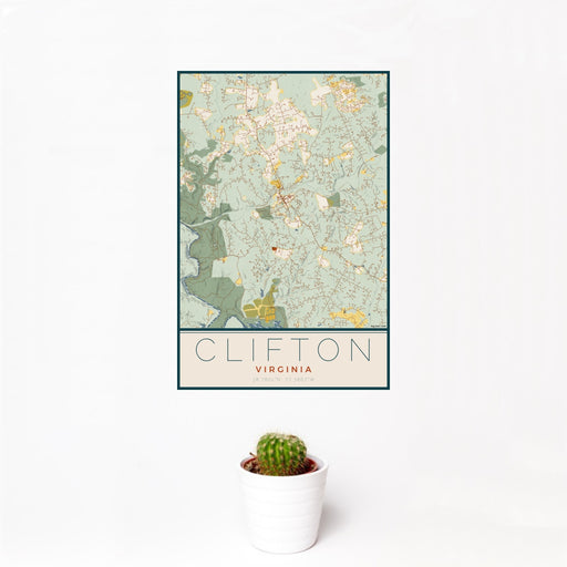 12x18 Clifton Virginia Map Print Portrait Orientation in Woodblock Style With Small Cactus Plant in White Planter