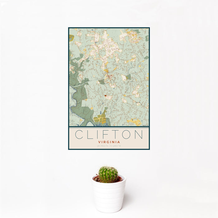 12x18 Clifton Virginia Map Print Portrait Orientation in Woodblock Style With Small Cactus Plant in White Planter