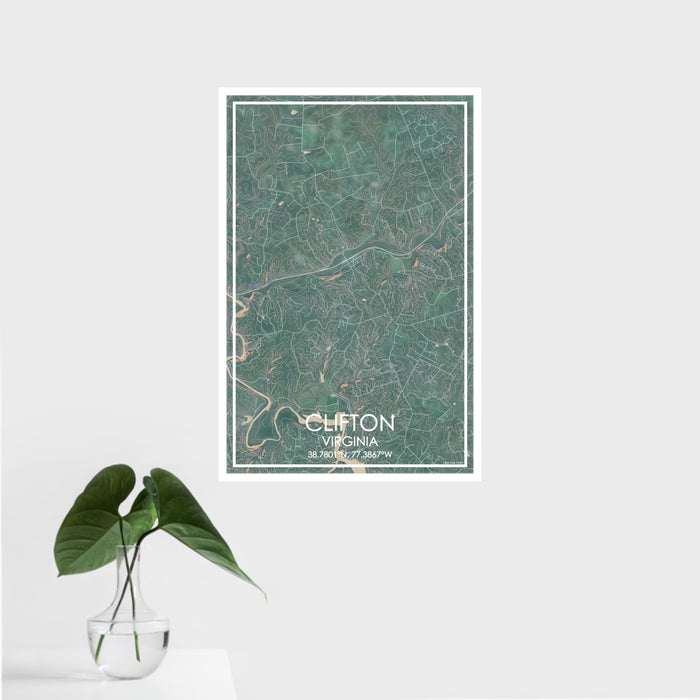 16x24 Clifton Virginia Map Print Portrait Orientation in Afternoon Style With Tropical Plant Leaves in Water