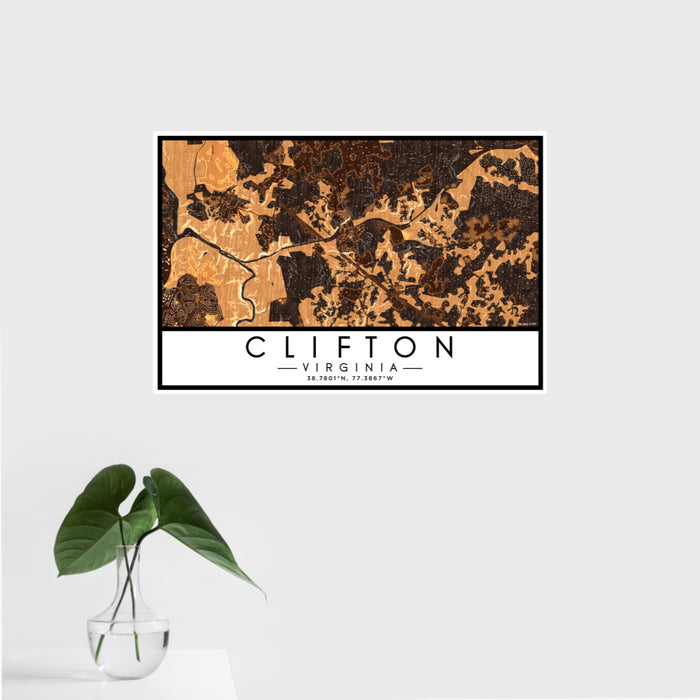 16x24 Clifton Virginia Map Print Landscape Orientation in Ember Style With Tropical Plant Leaves in Water