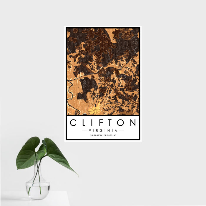 16x24 Clifton Virginia Map Print Portrait Orientation in Ember Style With Tropical Plant Leaves in Water