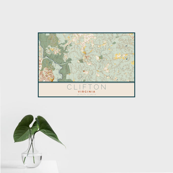 16x24 Clifton Virginia Map Print Landscape Orientation in Woodblock Style With Tropical Plant Leaves in Water