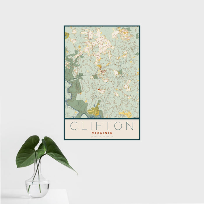 16x24 Clifton Virginia Map Print Portrait Orientation in Woodblock Style With Tropical Plant Leaves in Water