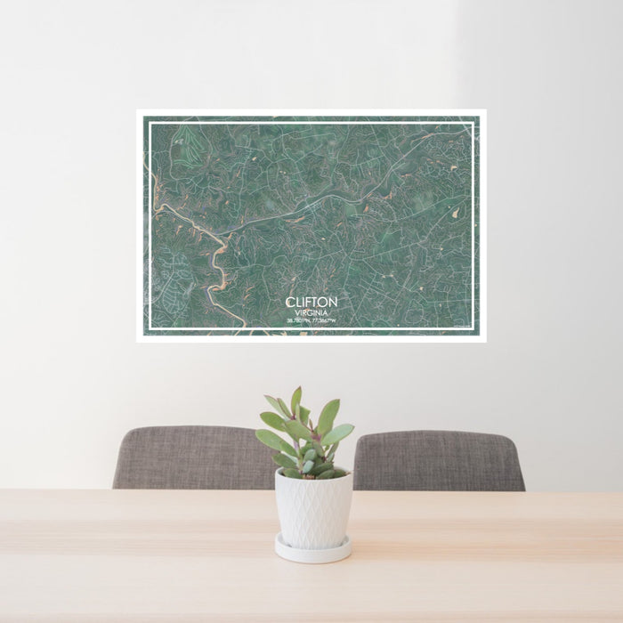24x36 Clifton Virginia Map Print Lanscape Orientation in Afternoon Style Behind 2 Chairs Table and Potted Plant