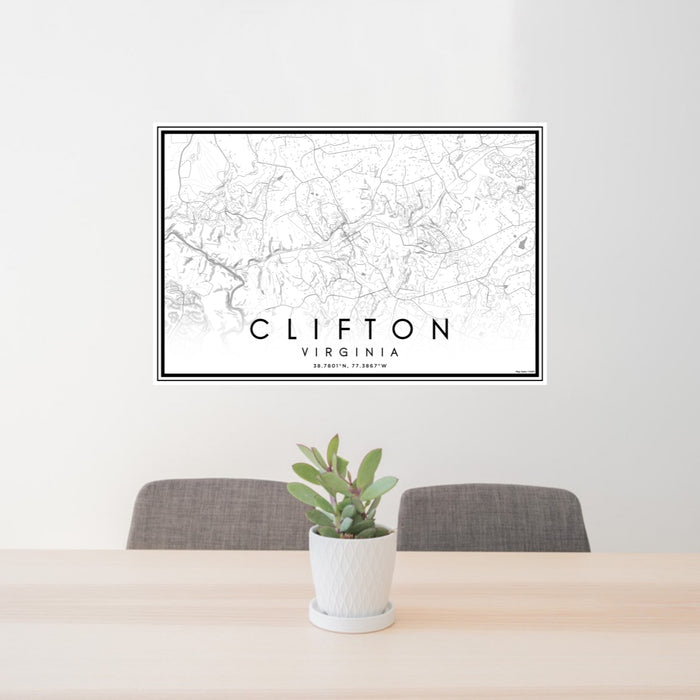 24x36 Clifton Virginia Map Print Lanscape Orientation in Classic Style Behind 2 Chairs Table and Potted Plant