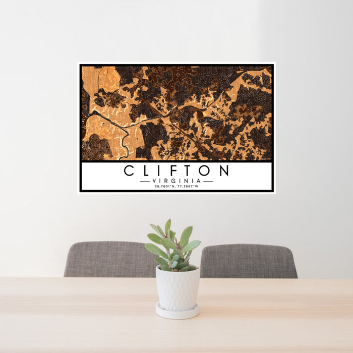 24x36 Clifton Virginia Map Print Lanscape Orientation in Ember Style Behind 2 Chairs Table and Potted Plant