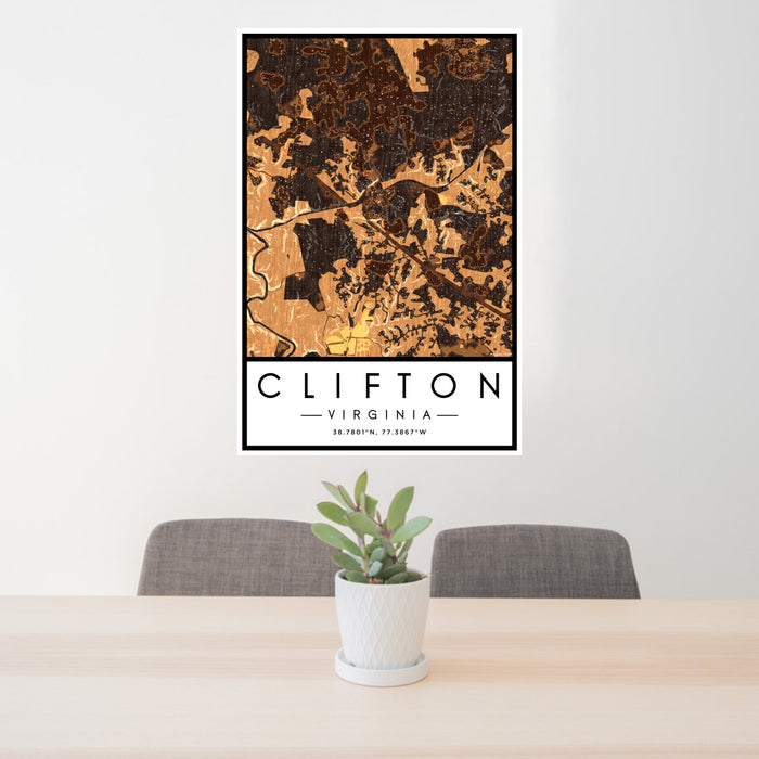 24x36 Clifton Virginia Map Print Portrait Orientation in Ember Style Behind 2 Chairs Table and Potted Plant