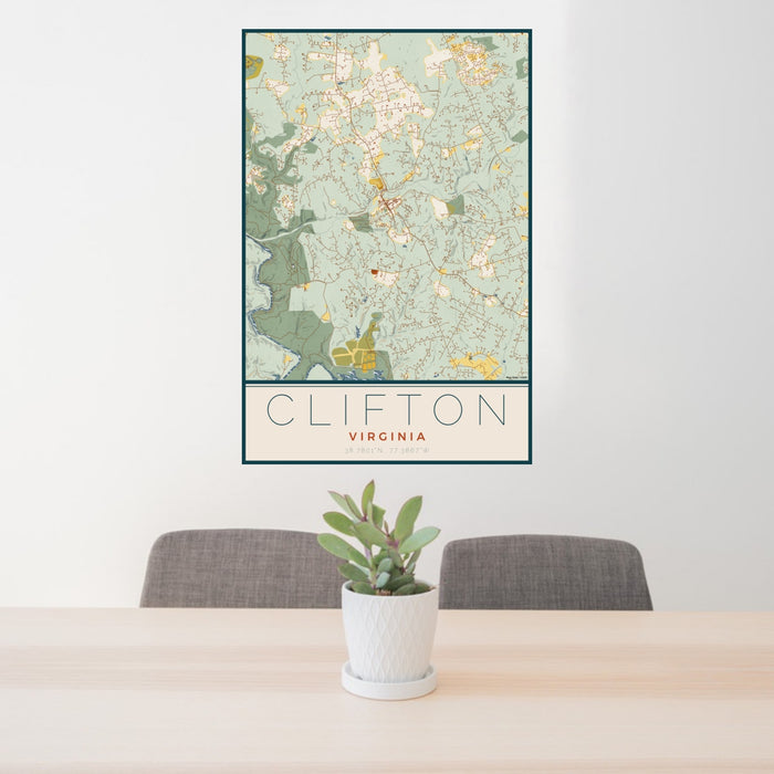 24x36 Clifton Virginia Map Print Portrait Orientation in Woodblock Style Behind 2 Chairs Table and Potted Plant