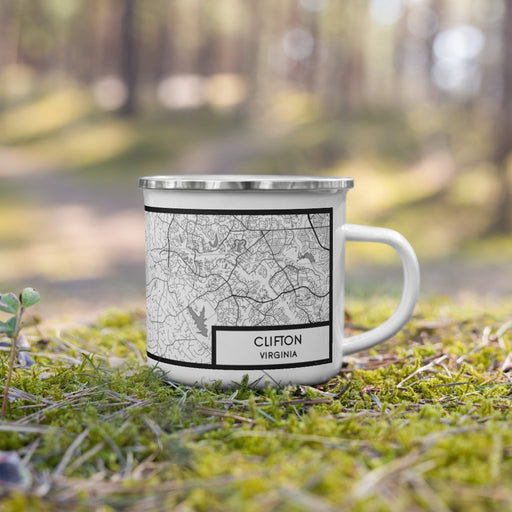 Right View Custom Clifton Virginia Map Enamel Mug in Classic on Grass With Trees in Background