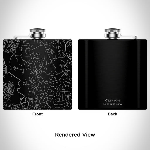 Rendered View of Clifton Virginia Map Engraving on 6oz Stainless Steel Flask in Black