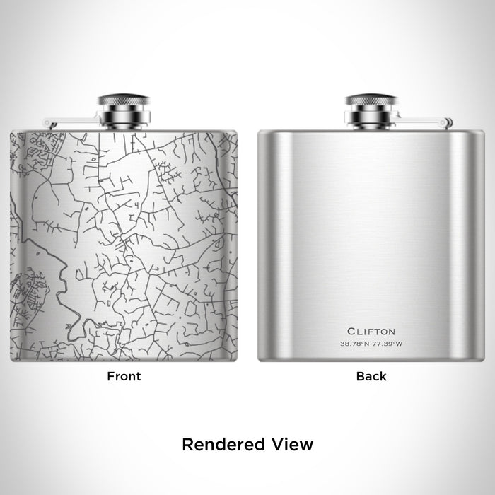 Rendered View of Clifton Virginia Map Engraving on 6oz Stainless Steel Flask