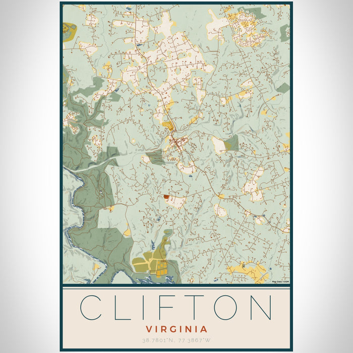 Clifton Virginia Map Print Portrait Orientation in Woodblock Style With Shaded Background