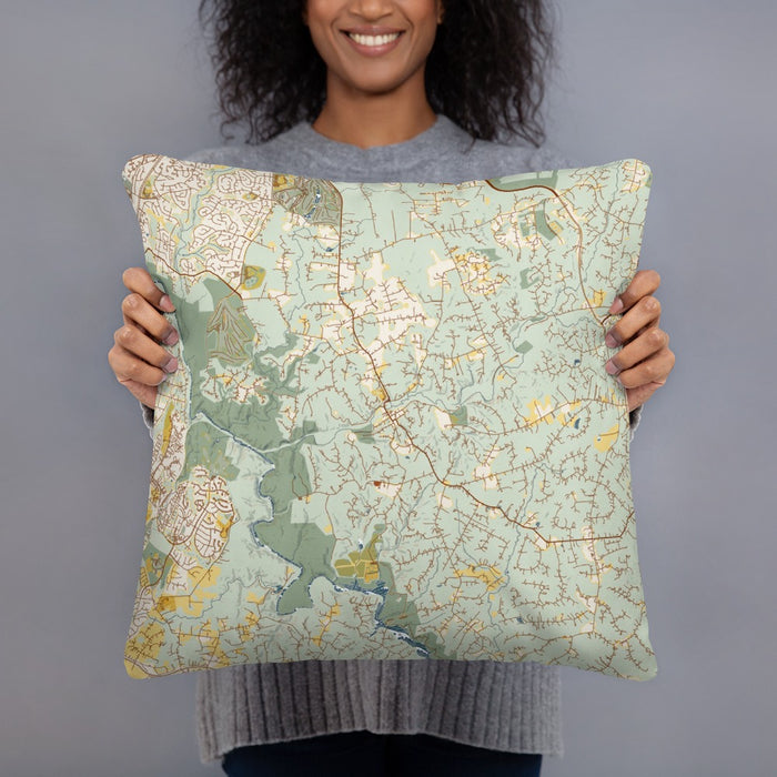 Person holding 18x18 Custom Clifton Virginia Map Throw Pillow in Woodblock