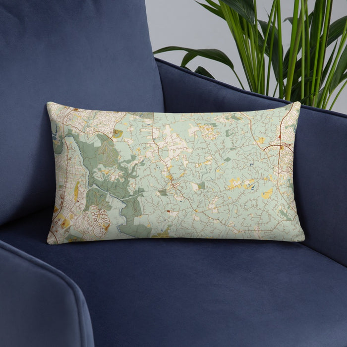 Custom Clifton Virginia Map Throw Pillow in Woodblock on Blue Colored Chair