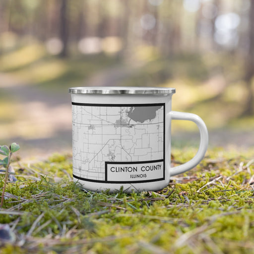 Right View Custom Clinton County Illinois Map Enamel Mug in Classic on Grass With Trees in Background