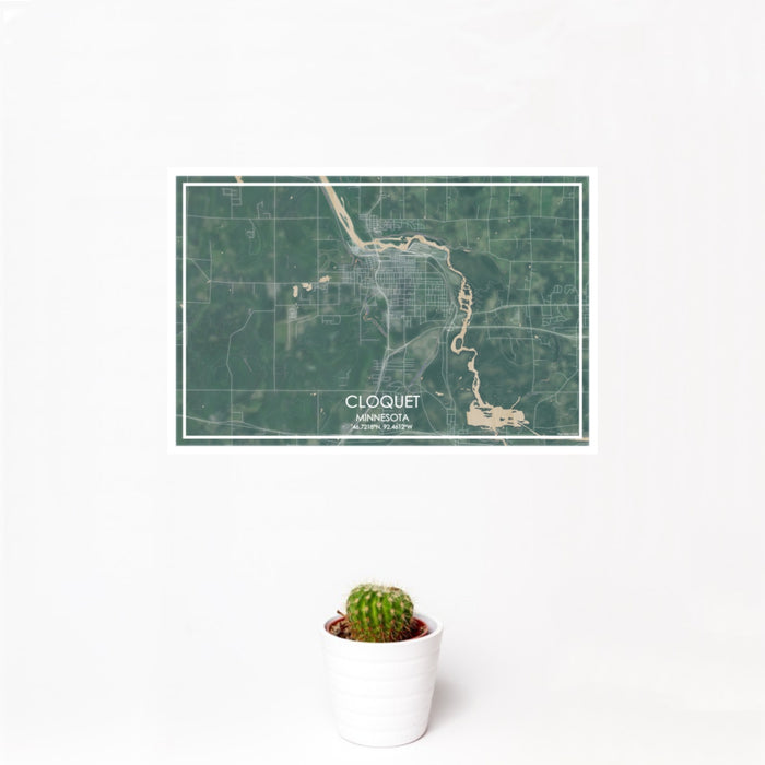 12x18 Cloquet Minnesota Map Print Landscape Orientation in Afternoon Style With Small Cactus Plant in White Planter