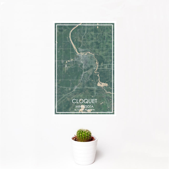 12x18 Cloquet Minnesota Map Print Portrait Orientation in Afternoon Style With Small Cactus Plant in White Planter