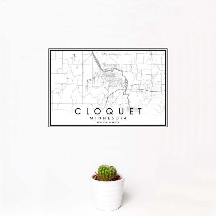 12x18 Cloquet Minnesota Map Print Landscape Orientation in Classic Style With Small Cactus Plant in White Planter