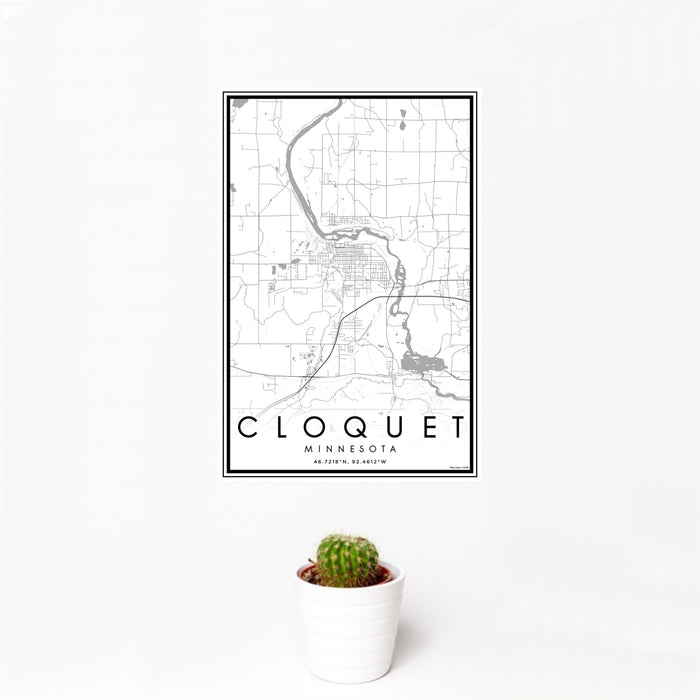 12x18 Cloquet Minnesota Map Print Portrait Orientation in Classic Style With Small Cactus Plant in White Planter
