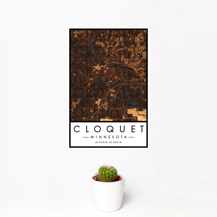 12x18 Cloquet Minnesota Map Print Portrait Orientation in Ember Style With Small Cactus Plant in White Planter