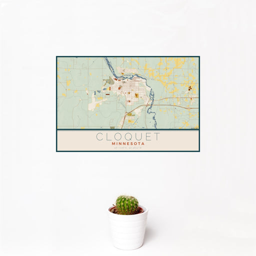 12x18 Cloquet Minnesota Map Print Landscape Orientation in Woodblock Style With Small Cactus Plant in White Planter