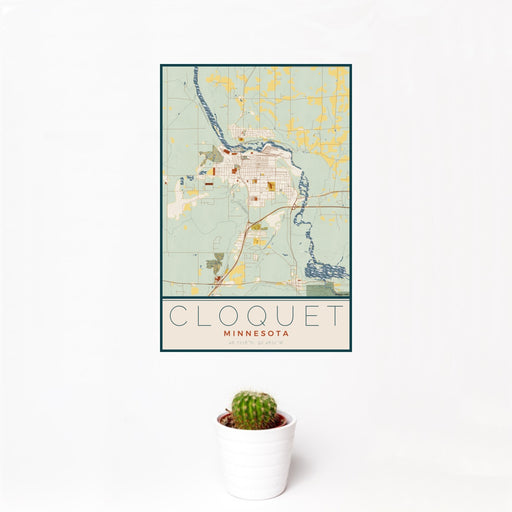 12x18 Cloquet Minnesota Map Print Portrait Orientation in Woodblock Style With Small Cactus Plant in White Planter