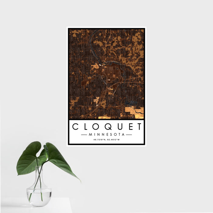 16x24 Cloquet Minnesota Map Print Portrait Orientation in Ember Style With Tropical Plant Leaves in Water