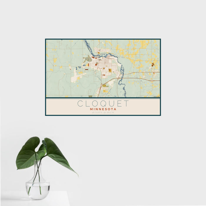 16x24 Cloquet Minnesota Map Print Landscape Orientation in Woodblock Style With Tropical Plant Leaves in Water