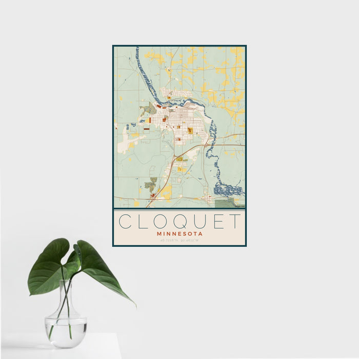 16x24 Cloquet Minnesota Map Print Portrait Orientation in Woodblock Style With Tropical Plant Leaves in Water