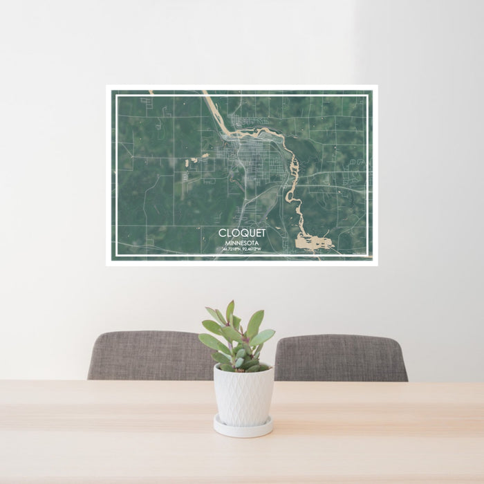 24x36 Cloquet Minnesota Map Print Lanscape Orientation in Afternoon Style Behind 2 Chairs Table and Potted Plant