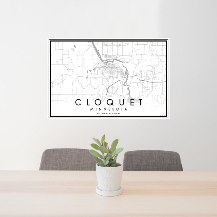 24x36 Cloquet Minnesota Map Print Lanscape Orientation in Classic Style Behind 2 Chairs Table and Potted Plant