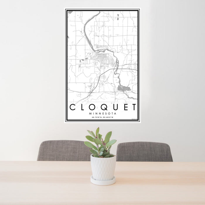 24x36 Cloquet Minnesota Map Print Portrait Orientation in Classic Style Behind 2 Chairs Table and Potted Plant