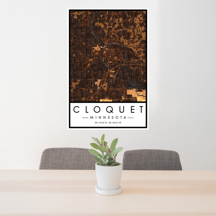 24x36 Cloquet Minnesota Map Print Portrait Orientation in Ember Style Behind 2 Chairs Table and Potted Plant