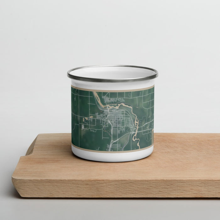 Front View Custom Cloquet Minnesota Map Enamel Mug in Afternoon on Cutting Board