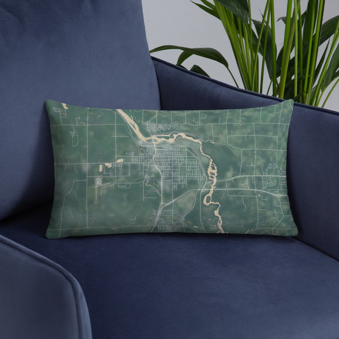 Custom Cloquet Minnesota Map Throw Pillow in Afternoon on Blue Colored Chair