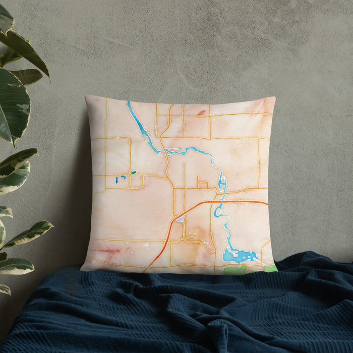 Custom Cloquet Minnesota Map Throw Pillow in Watercolor on Bedding Against Wall