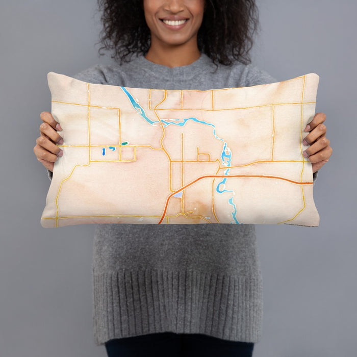 Person holding 20x12 Custom Cloquet Minnesota Map Throw Pillow in Watercolor