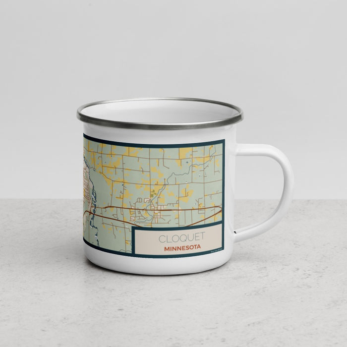 Right View Custom Cloquet Minnesota Map Enamel Mug in Woodblock