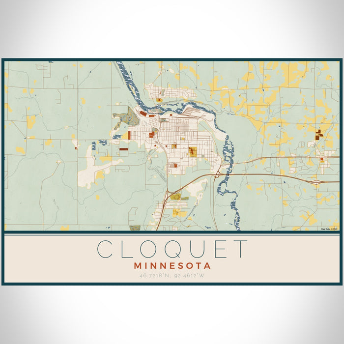 Cloquet Minnesota Map Print Landscape Orientation in Woodblock Style With Shaded Background