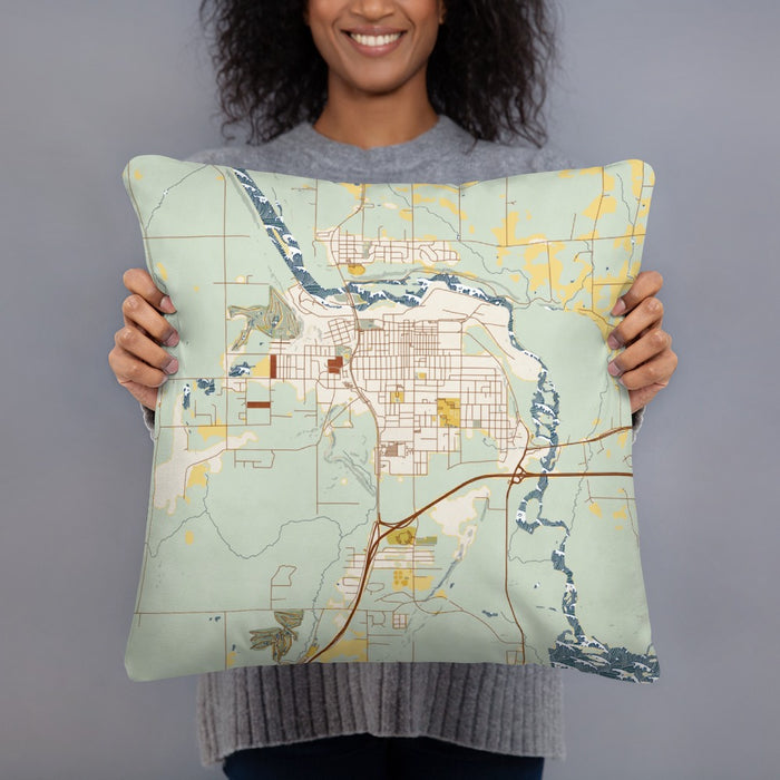 Person holding 18x18 Custom Cloquet Minnesota Map Throw Pillow in Woodblock